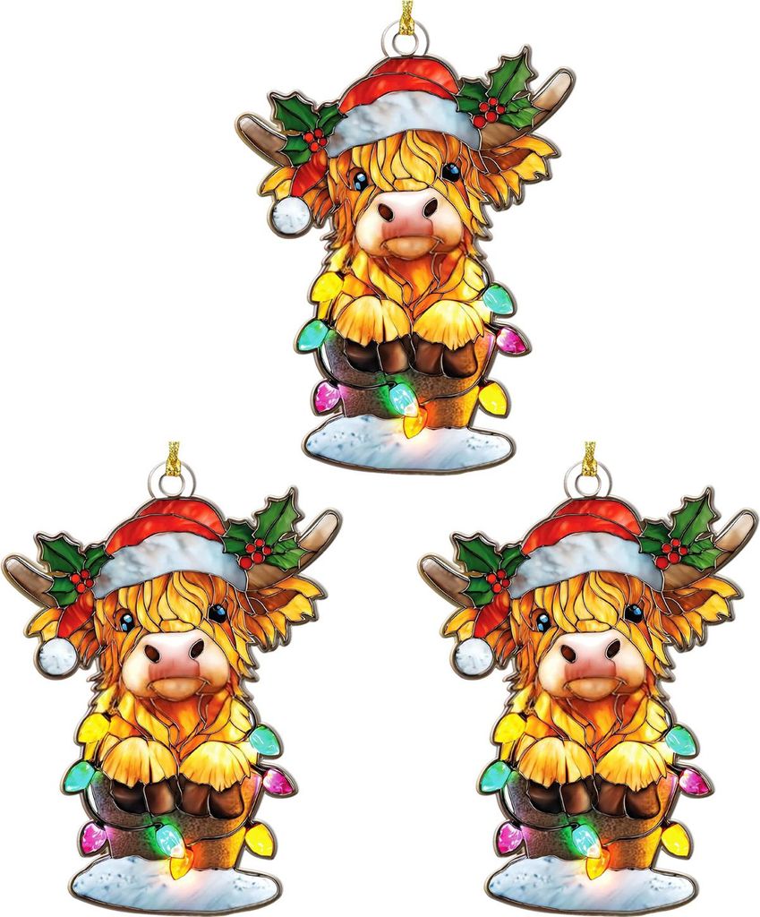Weihnachtsbaumschmuck mit schottischem Hochlandrind-Motiv, Fensterdekoration im Buntglas-Look, rustikaler Acryl-Sonnenfänger für Landhaus-Baumsch...