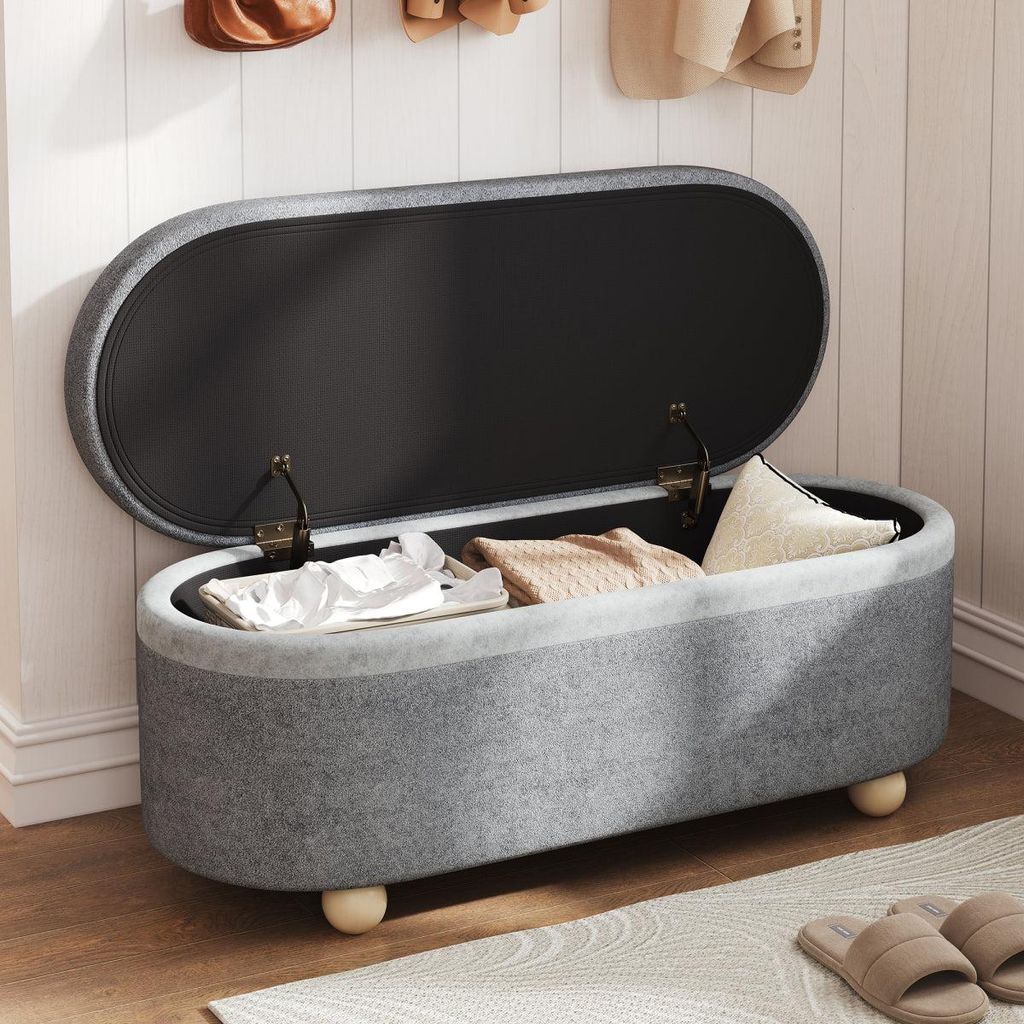 Sitzbank mit Stauraum Grau 110 cm Polsterbank Fleece-Bezug Sitztruhe mit Holzbeinen Aufbewahrungsbox Betttruhe für Schlafzimmer Flur Bank