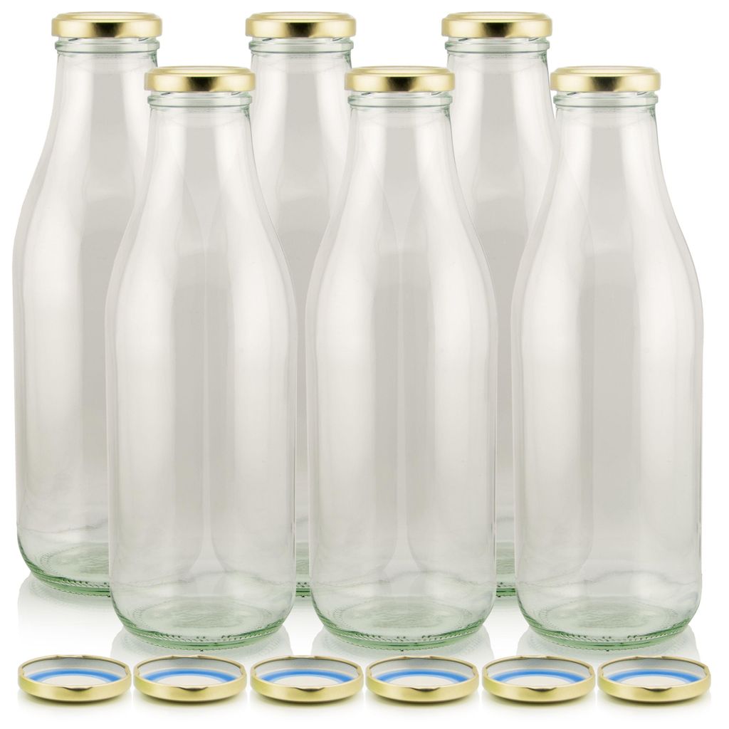Milch Glasflaschen transparent im Set mit 6 Flaschen und Ersatzdeckeln gold