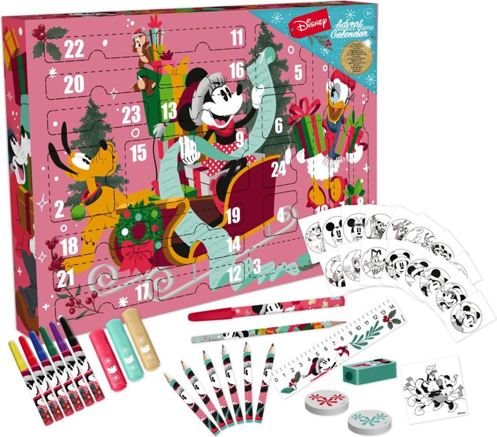 A Disney Minnie Mouse themed advent calendar with various stationery items.