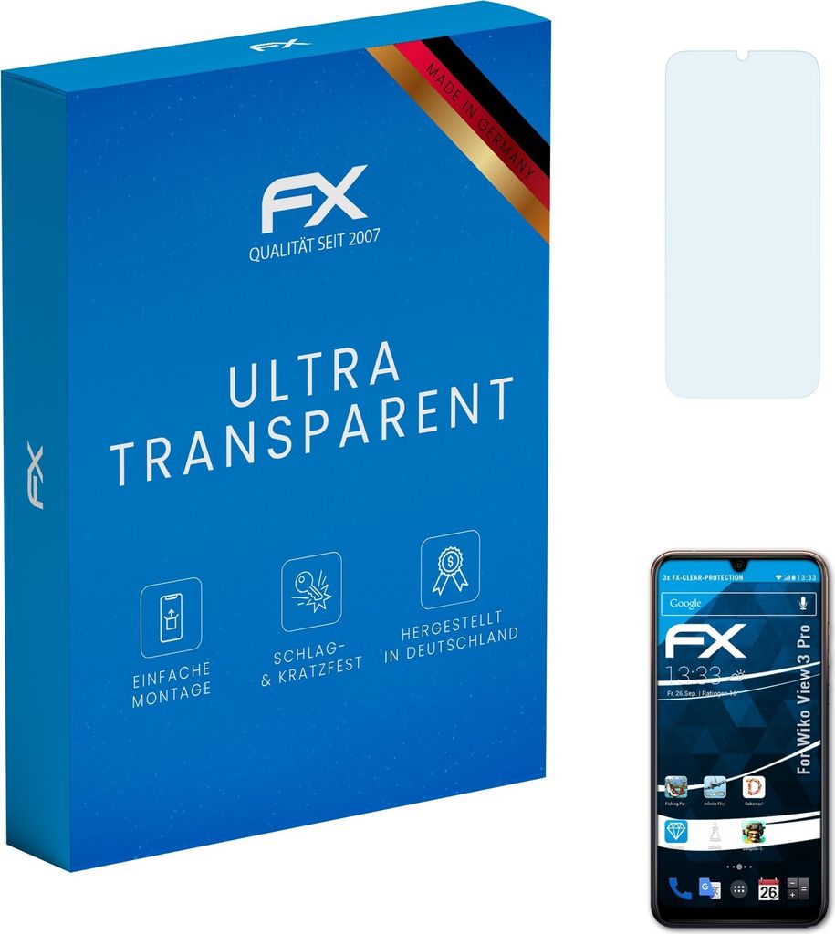 atFoliX FX-Clear 3x Schutzfolie kompatibel mit Wiko View 3 Pro Displayschutzfolie