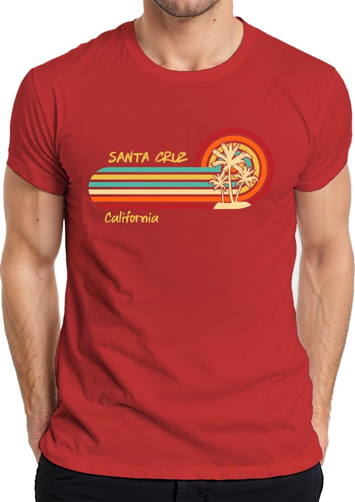 Santa Cruz California Retro Palmen Sonnenuntergang Strand Surfer Herren T-Shirt, Rot, S