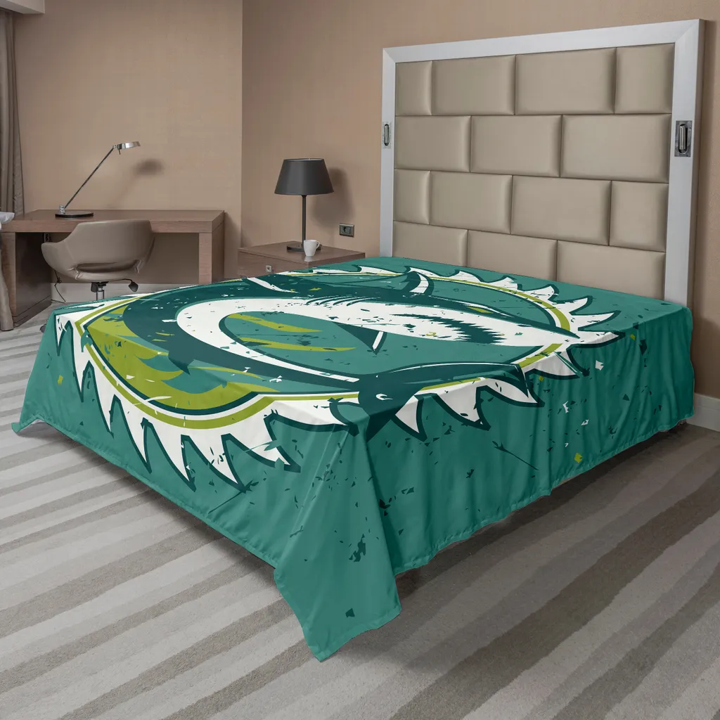 Drap de lit plat Hai motif Shark Hunter en vert 244 x 205 cm ABAKUHAUS