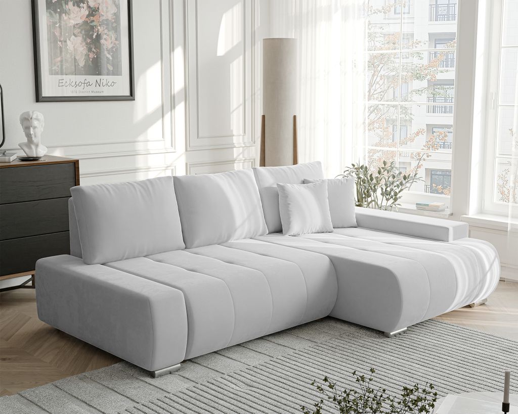 IDOHOME-Polsterecksofa NIKO mit Schlaffunktion und Bettkasten Ecksofa in L-Form Wohnzimmer Sofa mit Bettkasten Couch Rechts Monolith 84 Hellgrau