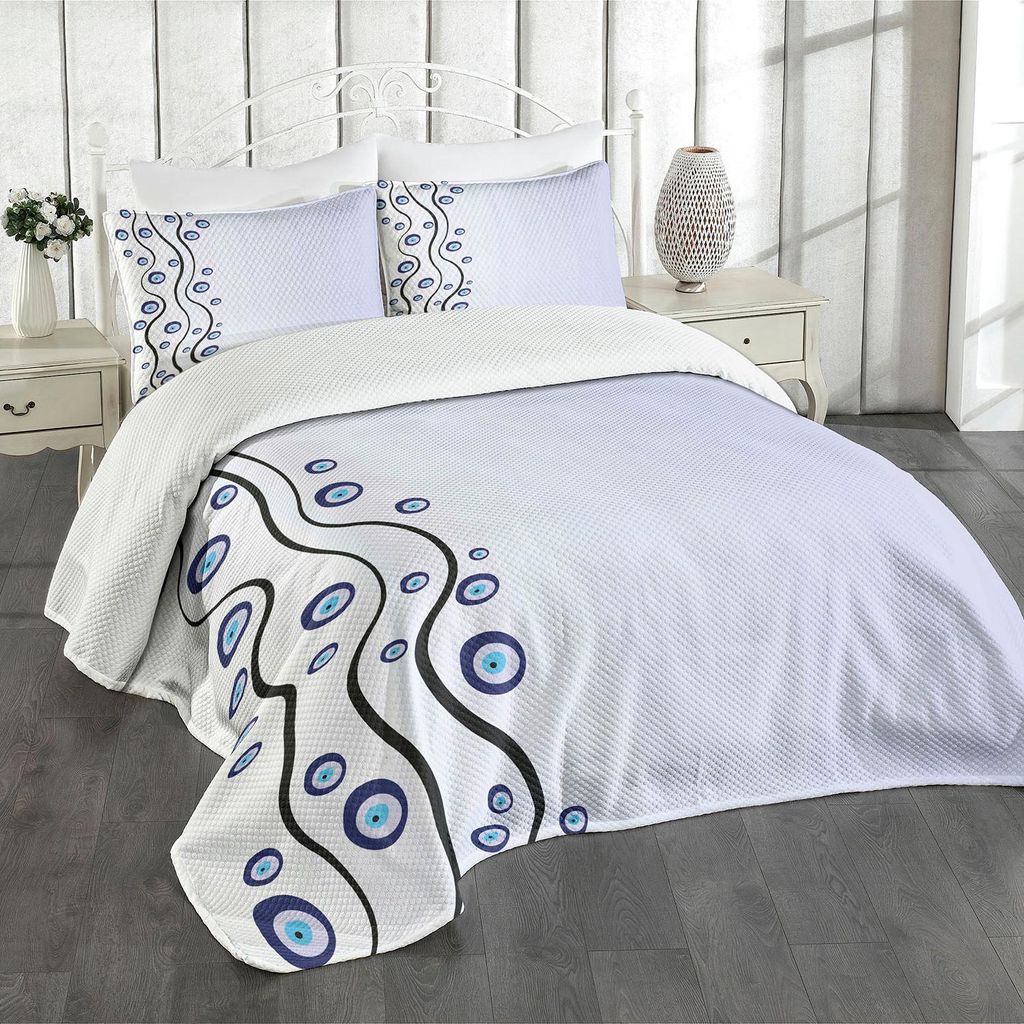 ABAKUHAUS Evil Eye Tagesdecke Set, Augen-geformte Amulette-vertikale gewellte Linien künstlerisches magisches Glauben-Glück, 264 x 220 cm, Schwar...