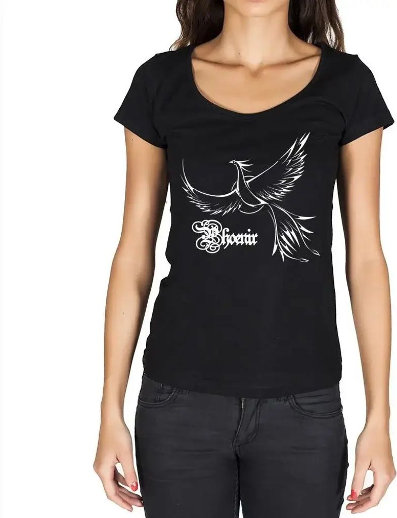 Damen Grafik T-Shirt Fliegender Phönix und Sonne Tattoo – Flying Phoenix And Sun Tattoo – Öko-Verantwortlich Vintage Jahrgang Kurzarm Lustige...