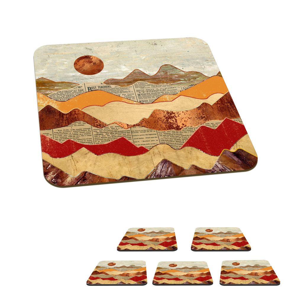 KitchenYeah Glasuntersetzer Quadratisch 6er Set Vintage - Zeitung - Bronze - Abstrakt - Landschaft - Farben 10x10 cm Untersetzer für Gläser - ...