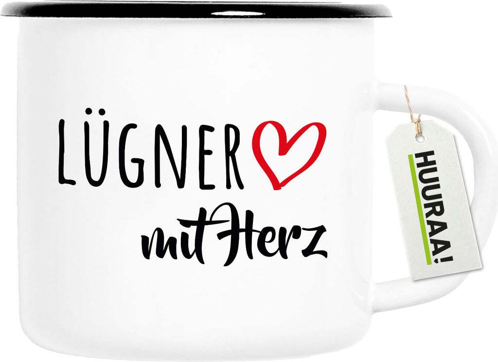 Huuraa Emaille Tasse Lügner mit Herz 300ml Vintage Campingbecher Geschenkidee