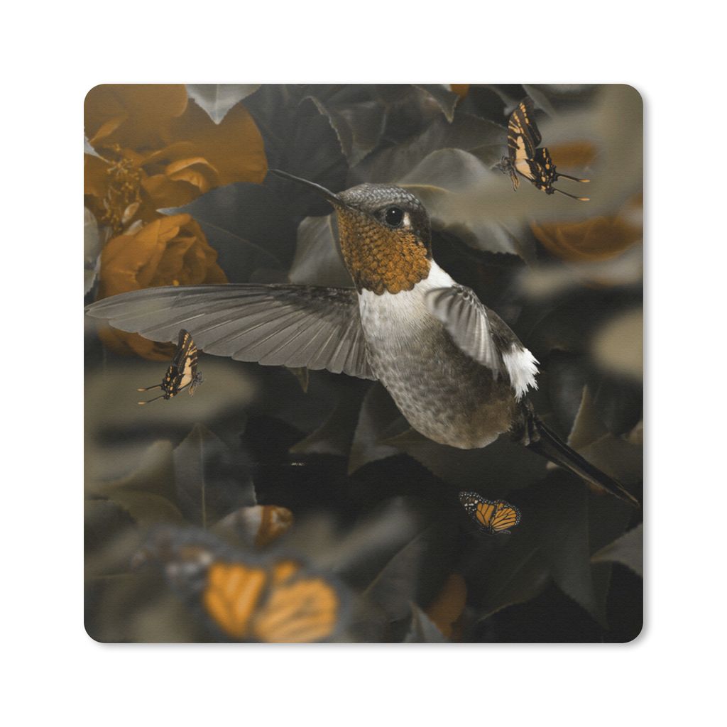 MuchoWow Mauspad Mousepad Kolibri - Wald - Schmetterlinge 20x20 cm - Mousepads - Maus Mat - Pad - Mausunterlage - Desk Mat - Bureauartikeln