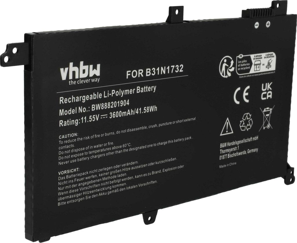 vhbw Akku kompatibel mit Asus VivoBook S14 S430UAEB224T, S14 S430UAEB223T, S14 S430UA-EB223T, S14 S430UA-EB222T Notebook (3600 mAh, 11,55 V, Li-Ion)