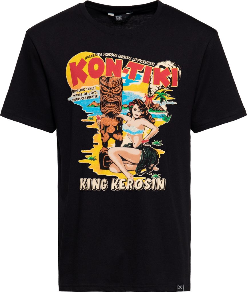 KING KEROSIN Print T-Shirt Mit Tiki-Artwork Kon-Tiki Schwarz 3Xl