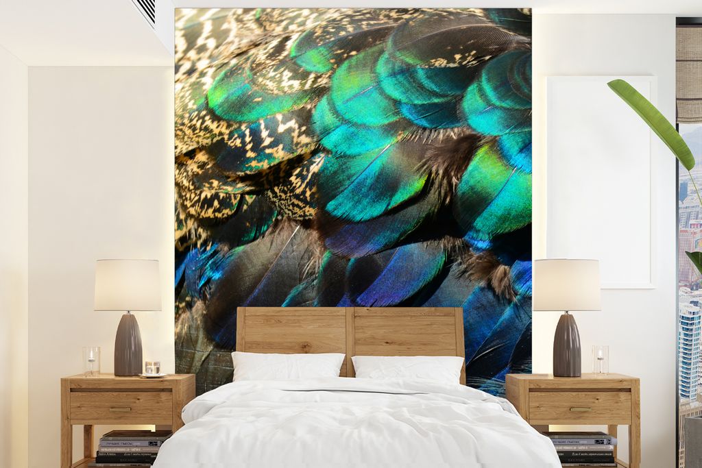 MuchoWow Fototapete für Wohnzimmer oder Schlafzimmer Wandtapete Vinyl Motivtapete Federn - Pfauenfedern - Pfau - Blau - Kunst - 190x260 cm - Pap...