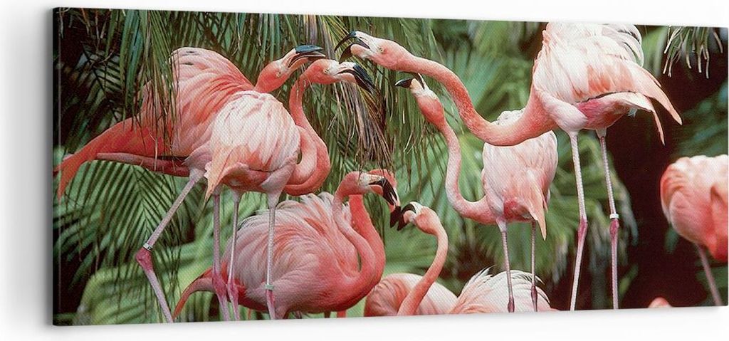 Bild auf Leinwand - Leinwandbild - Einteilig - Palmen Herde Flamingos - 120x50cm - Wand Bild - Wanddeko - Wandbilder - Leinwanddruck - Bilder - Wan...