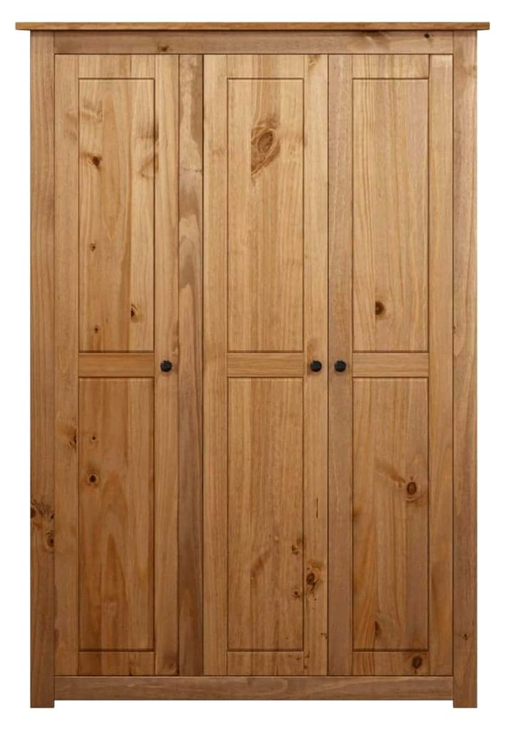 3-türiger Kleiderschrank aus Kiefer-Massivholz - 118x50x171,5 cm, Naturholzfarbe, mit Regalen und Kleiderstange