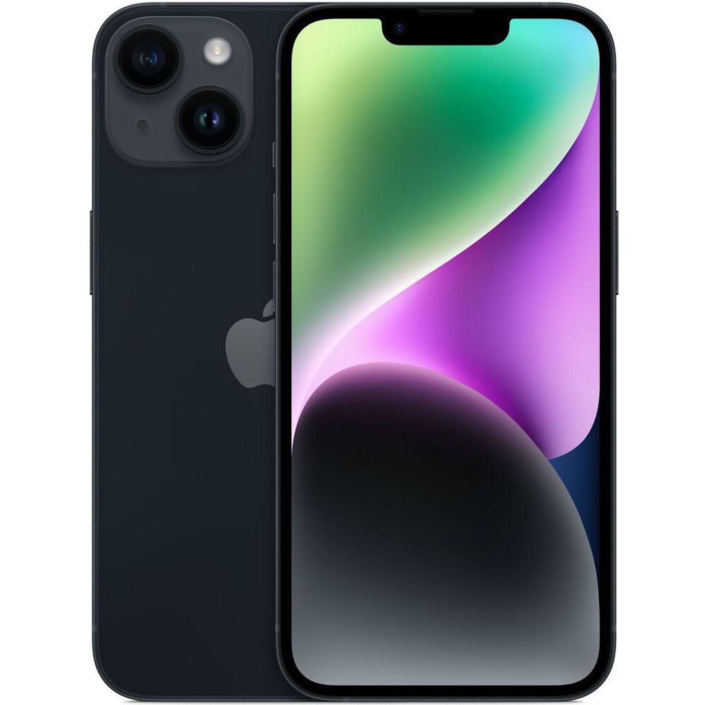 A dark gray iPhone 14 is shown from the back and front, with the screen displaying a colorful abstract image.