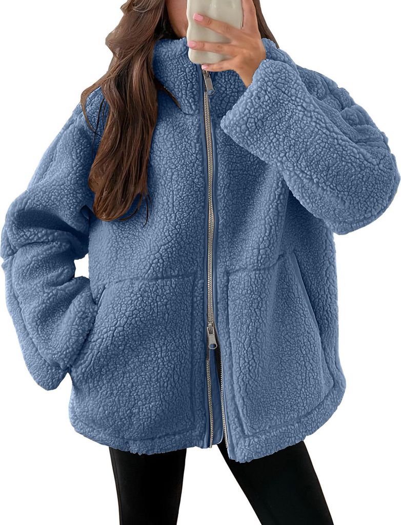 ASKSA Damen Teddy Fleece Jacke Warme Flanell Jacke Dicke Freizeit Winterjacke Einfarbig Fleecejacke mit Taschen Reissverschluss Wintermantel,Blau,M
