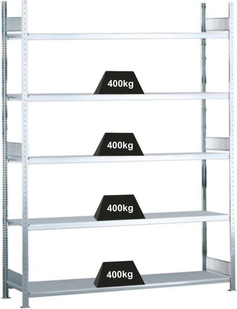 Schulte Weitspannregal mit Stahlböden WS 2000 | Grundregal | HxBxT 300x150x40cm | 5 Ebenen | Fachlast 400kg | Verzinkt