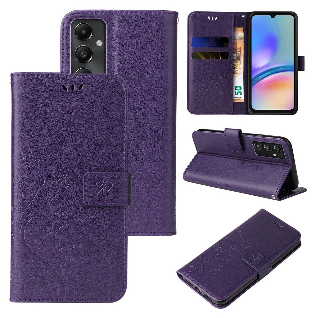 A collage of images showing a purple floral flip phone case for a Samsung Galaxy A05s.