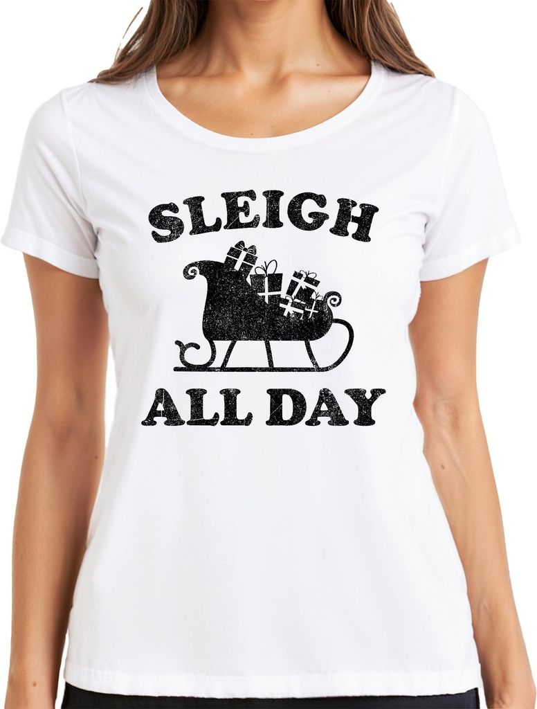 SLEIGH ALL DAY Weihnachtsgeschenk Schlitten Deko Winter Design Damen T-Shirt, Weiß, 3XL