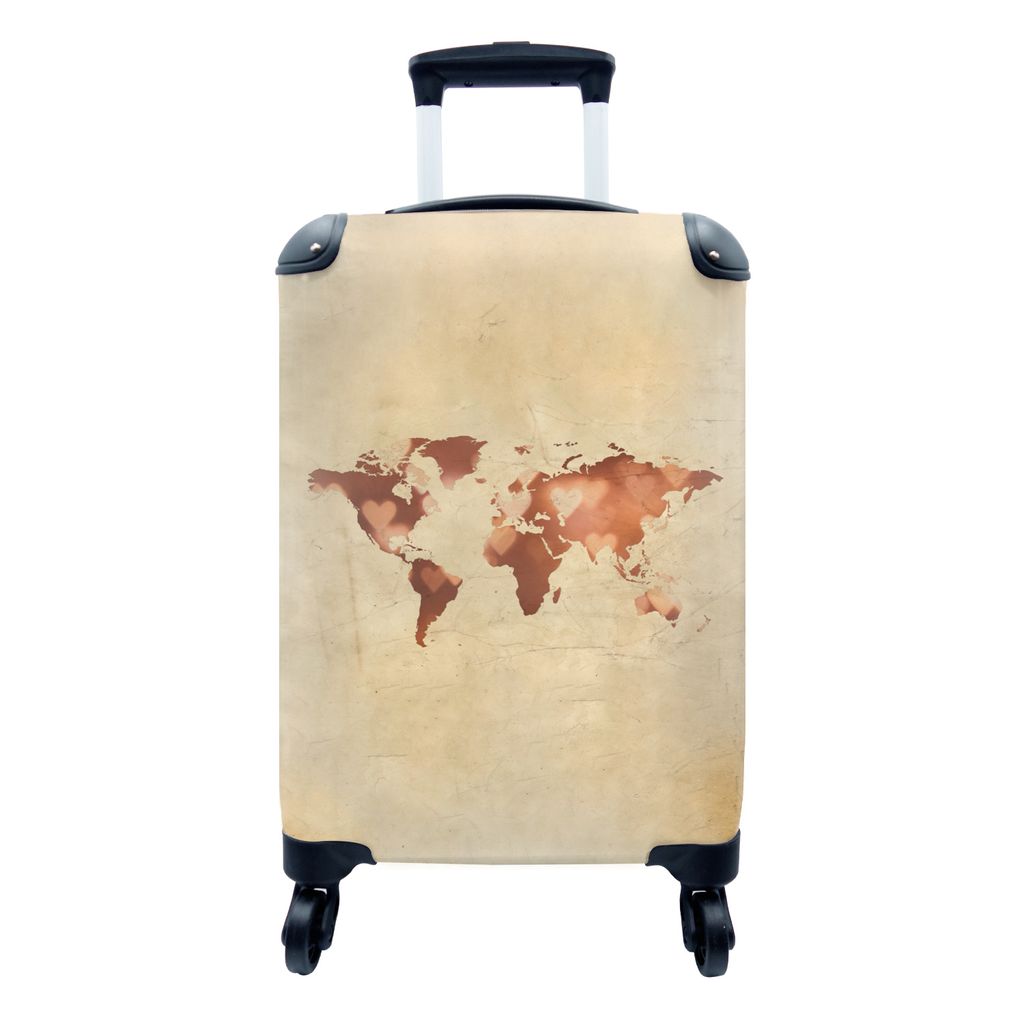 MuchoWow Koffer Handgepäck Trolley Rollkoffer Kleine Reisekoffer mit 4 Rollen - Weltkarte - Herz - Papyrus - Cabin Size < 55x40x23 cm & 55x40x20...
