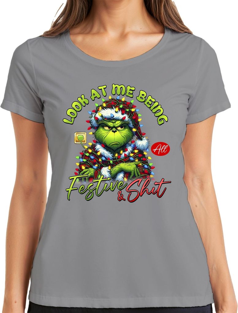 Grinch Look At Me Being Festive Weihnachten lustig Geschenk Damen T-Shirt, Grau, 3XL