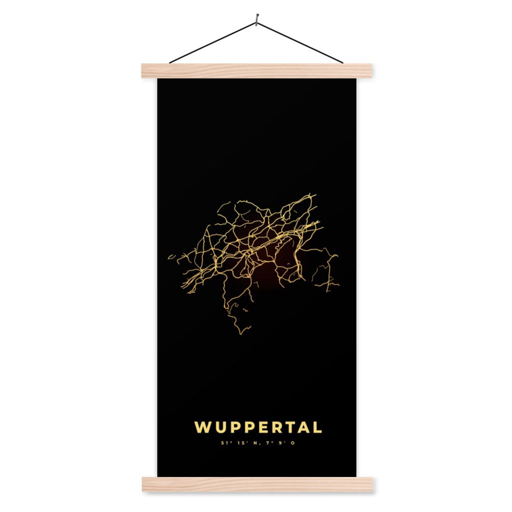 MuchoWow Textilposter Karte - Gold - Wuppertal - Stadtplan - Karte 60x120 cm mit holzfarbenen Rahmen - Holz