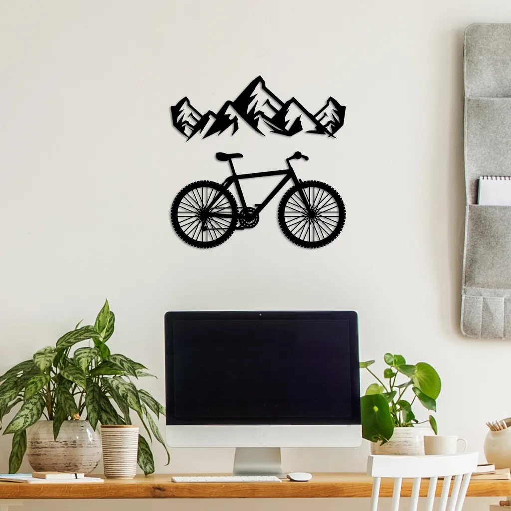 Wallity Metallo Decorativo: Montagna e Bici Nero 50x18 cm Shop