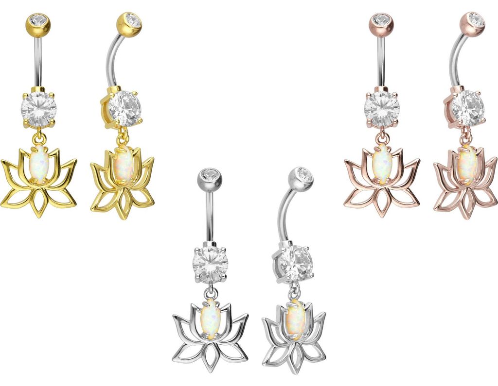 Bauchnabelpiercing Titan Bananabell mit 925er Silber-Design LOTUSBLÜTE + SYNTHETISCHER OPAL