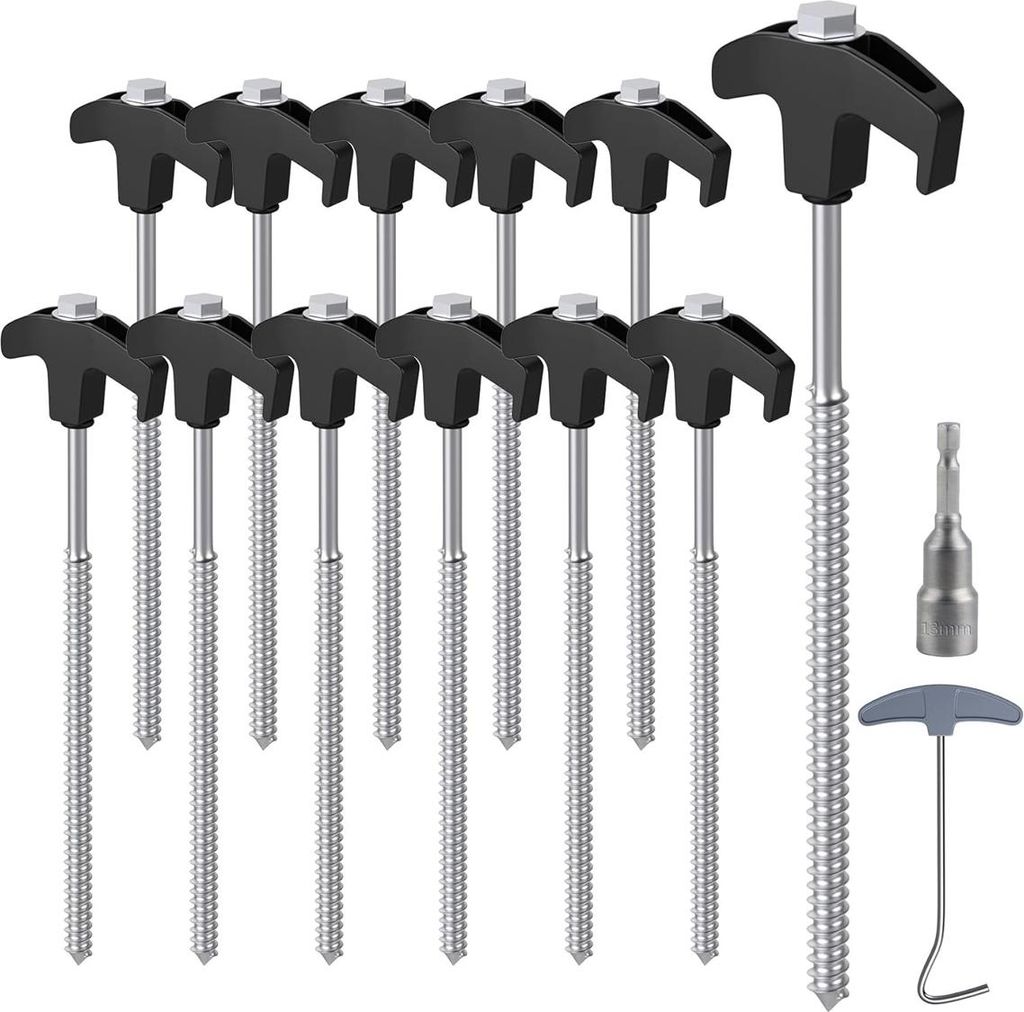 12 Stück Stahl-Zeltnägel mit Bohrer und Nagelzieher, 25 cm lange Zeltnägel, Camping-Zelthaken für harte Oberflächen, Gras - Schwarz + Silber
