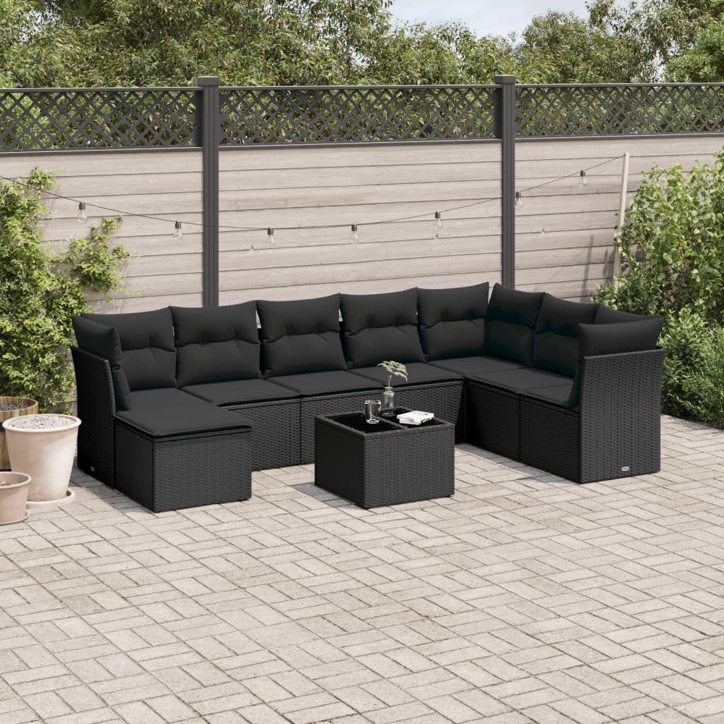 Schlichtes 9-tlg. Garten-Sofagarnitur,Lounge-Gartenmöbel, Gartensofa Set mit Kissen Schwarz Poly Rattan DE5485