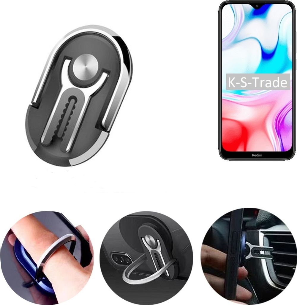 K-S-Trade 3in1 Smartphone-Ring Handy-Ring kompatibel mit Xiaomi Redmi 8 Fingerhalterung Handyring Tischständer Lüftungsgitter-Halterung Tisch