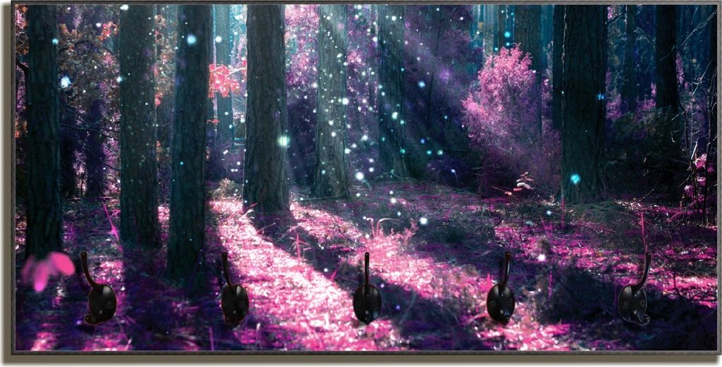Wallario Flurgarderobe Wandgarderobe aus Holz, mit 5 Haken, Größe 80 x 40 cm, Motiv Fantasie im Wald - Pinke Blumen in der Sonne