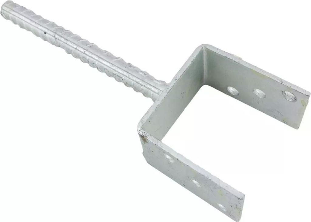 A metal post anchor with a U-shaped bracket and a ribbed stake.