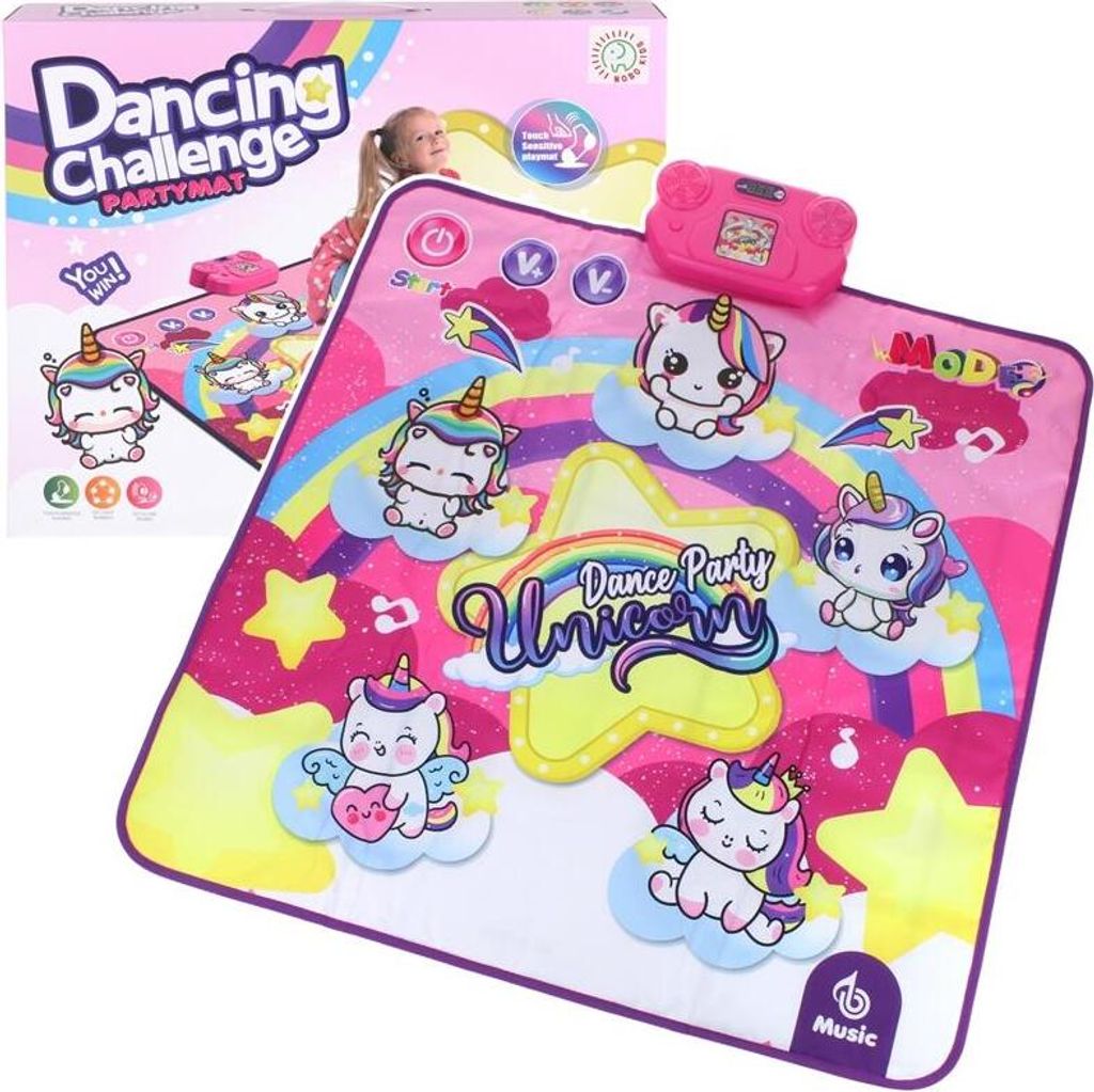 A product box and a dancing mat with unicorns and rainbows.