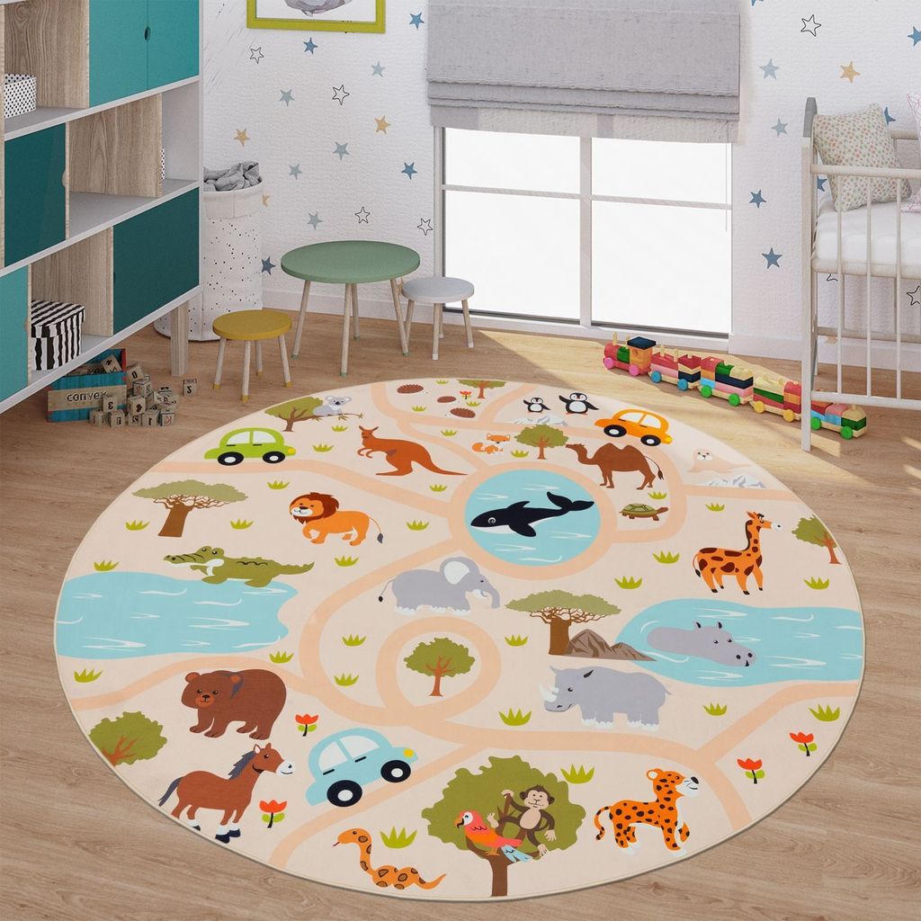TT Home Kinderteppich Babyzimmer Teppich Kinderzimmer Rutschfest Tiere Weltkarte Autos Größe 200 cm Rund