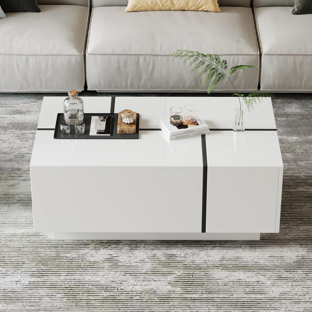 Table basse design patchwork blanc laqué avec 4 tiroirs de rangement chic - 3