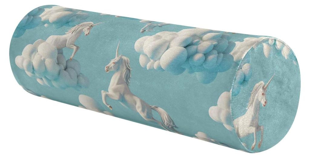 Dekoratives Lendenwirbelstützkissen mit 3D-Einhörnern und Wolken, weiß, für Couch, Zylinderkissen, Beinstütze, Halswirbelsäule, zum Schlafen