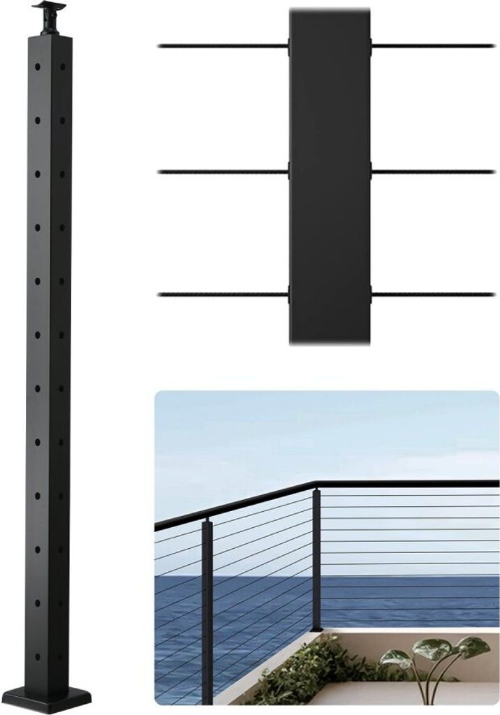 Schwarzer Kabelgeländerpfosten 106,6x4,98x4,98cm - Geländerpfosten mit L-Löchern