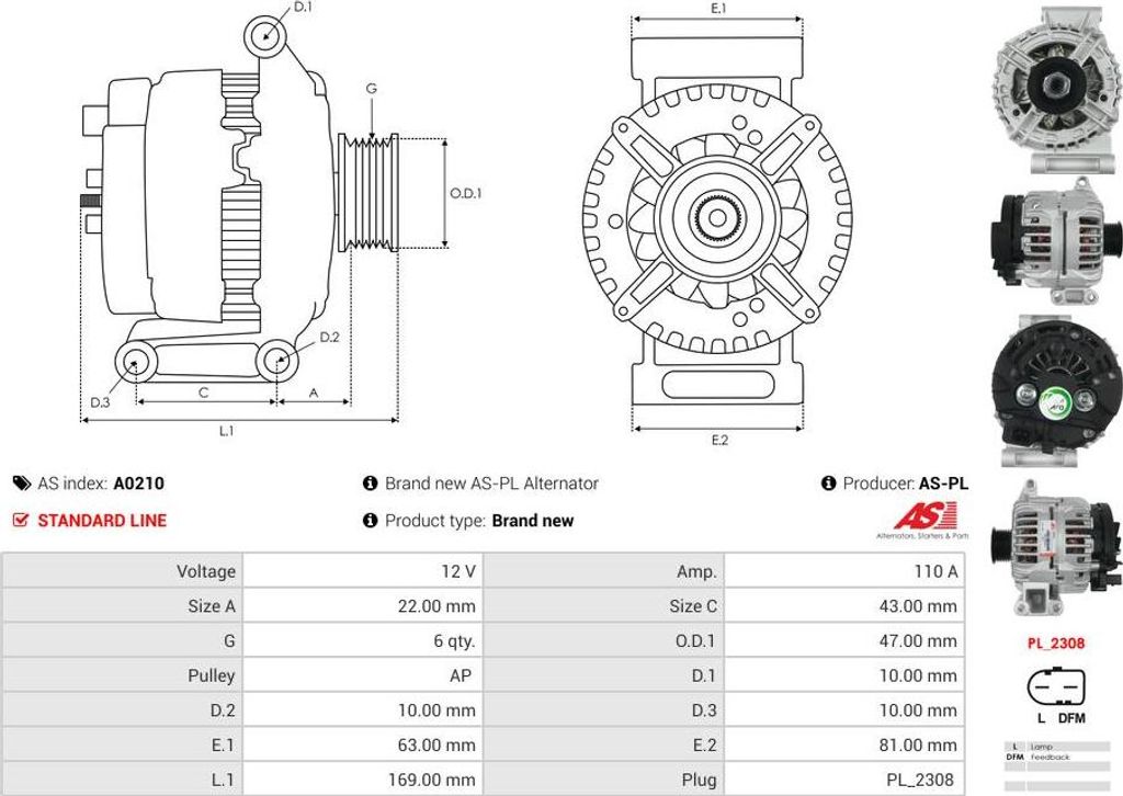 AS-PL A0210 Lichtmaschine Generator LiMa 110A 12V für BMW 1 Schrägheck (E81) für MINI Schrägheck (R56)