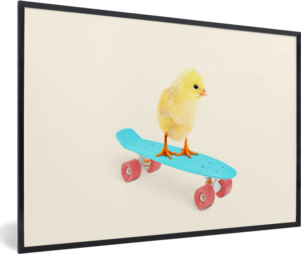MuchoWow Gerahmtes Poster Küken - Gelb - Skateboard - Blau - Tiere 90x60 cm - Poster mit Schwarzem Bilderrahmen Wandposter Rahmen Foto Bilder - ...