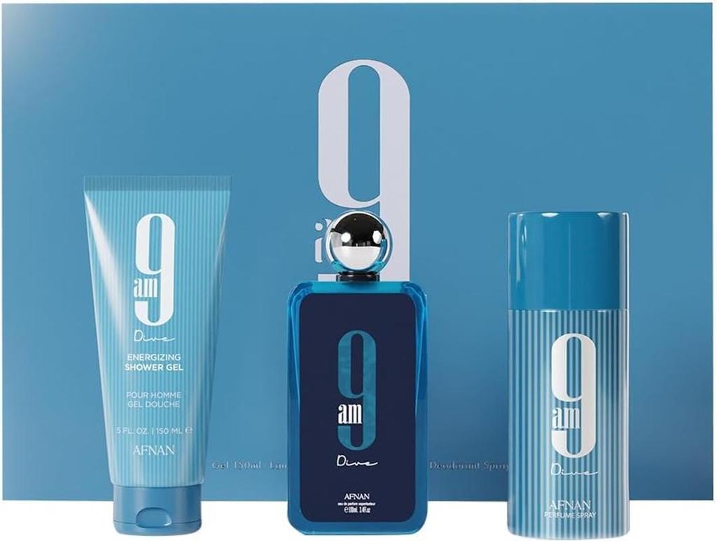 A product shot of a fragrance gift set against a blue background.