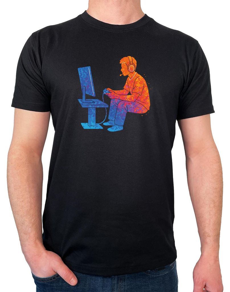 Huuraa Herren T-Shirt Gaming bunte Silhouette L Black Bio Baumwolle Fairtrade Herrenshirt Geschenkidee