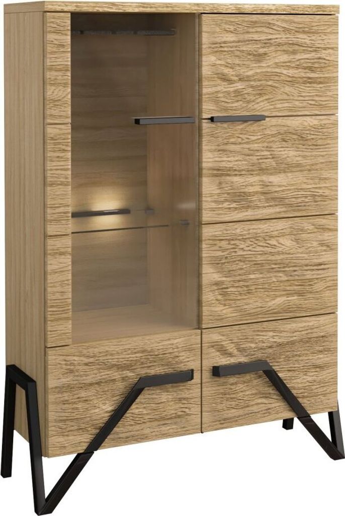 Vitrine Kastav 10, Farbe: Eiche / Schwarz, teilmassiv - 140 x 100 x 40 cm (H x B x T)