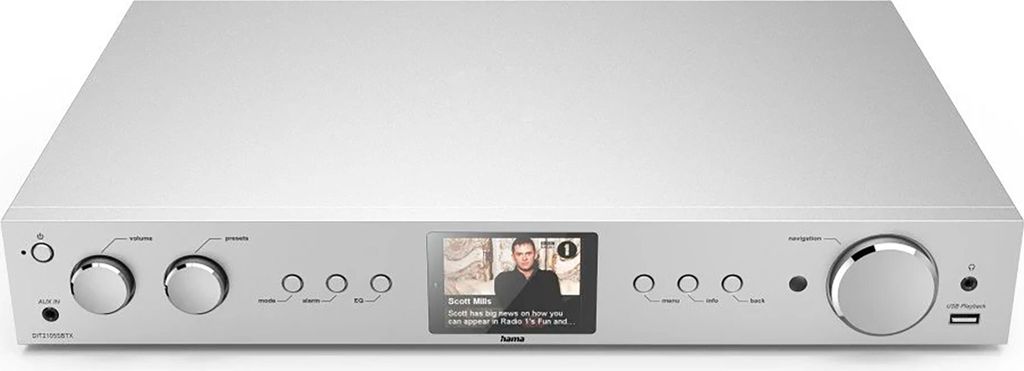 A silver Hama HiFi-Tuner DIT2105SBTX, DAB+/Internetradio is shown from the front on a white background. The device has a small screen displaying a person and text.
