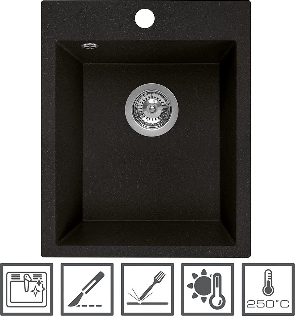 Stylish S-822N Granit-Küchenspüle 55,9x44,1 Cm – Einzelbecken, Unterbau/Drop-In, Schwarz