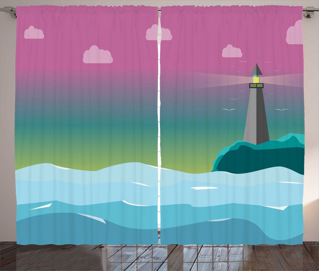 ABAKUHAUS Leuchtturm Rustikaler Vorhang, Gradient Seashore Himmel, Wohnzimmer Universalband Gardinen mit Schlaufen und Haken, 280 x 225 cm, Mehrfarbig