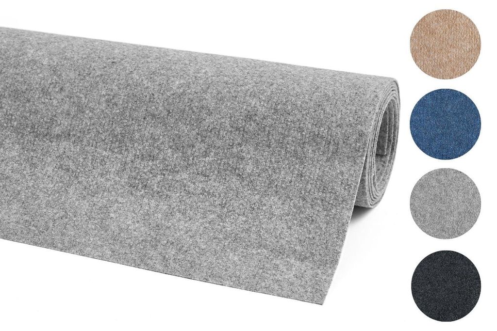 Dünner, als Rolle gewickelter Teppichboden mit Farbmustern in Anthrazit, Beige, Braun, Grau. 