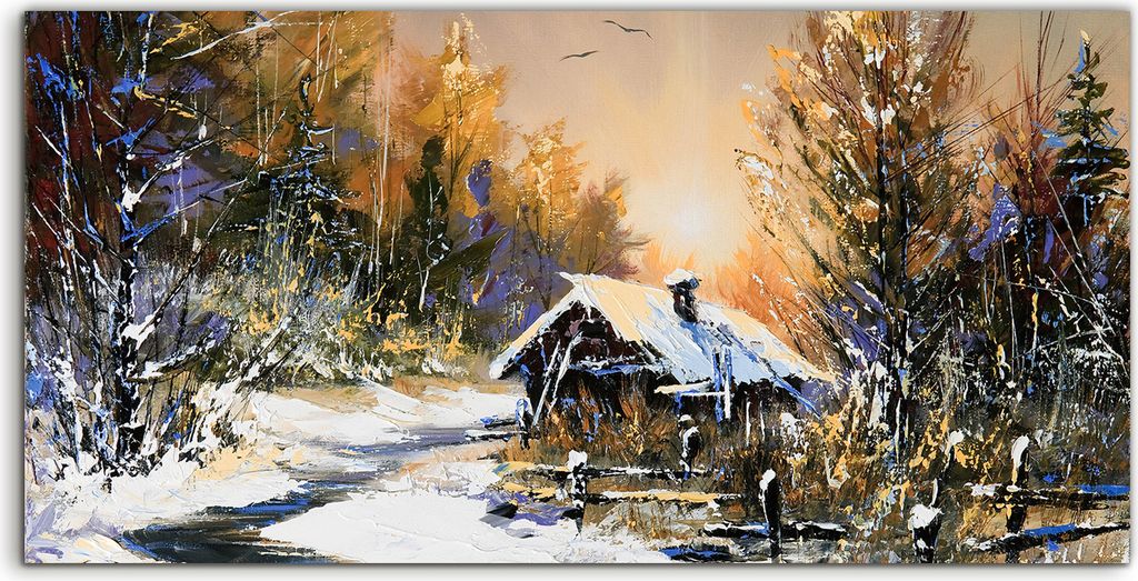 Coloray Glasbild 140x70 Wandbild Glasbilder Deko Hütte im Wald Winter Landschaft