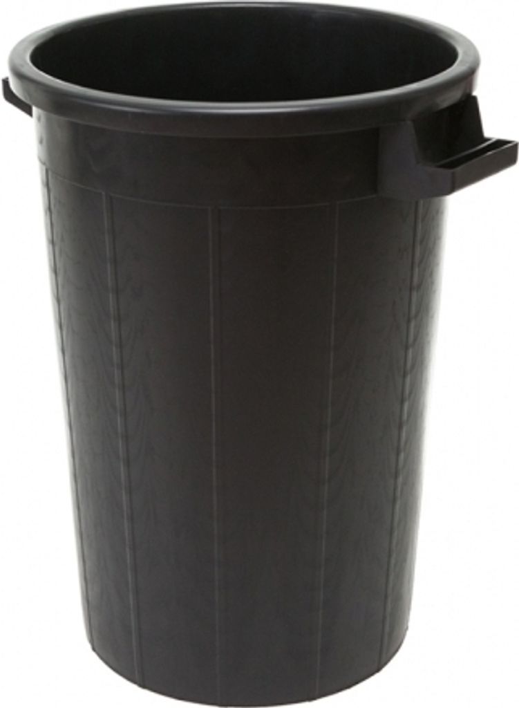 A black plastic trash can with handles on a white background.