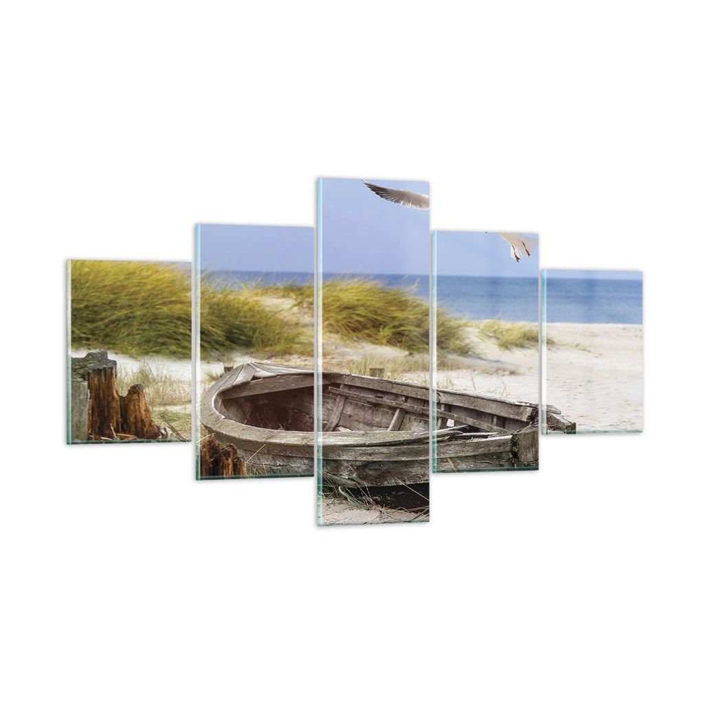 Bilder auf glas - 5 Teile - Strand Möwen £ódŸ - 125x70cm - Glasbilder - Wandbilder - Bilder - zum Aufhängen bereit - Wanddekoration aus Glas -...